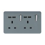 Trendi, Artistic 2 Gang 13Amp Switched Double Socket With 4X 2.1Mah USB Cool Grey Finish, BRITISH MADE, (45mm Back Box Required), 5yrs Warranty