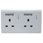 Trendi, Artistic Modern 2 Gang 13Amp Switched Double Socket With 4X 2.1Mah USB Silver Finish, BRITISH MADE, (45mm Back Box Required), 5yrs Warranty