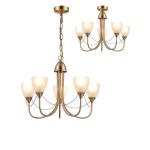 Cooper 54cm Ceiling 5 Light Pendant Convertible To Semi Flush E14 Antique Brass/Opal Glass