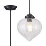 Mia 23cm Single Pendant With Flower Bud Shade 1 x E27, Satin Black/Black Braided Cable/Clear