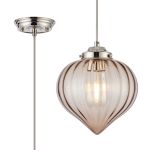 Mia 23cm Single Pendant With Flower Bud Shade 1 x E27, Polished Nickel/Grey Braided Cable/Cognac