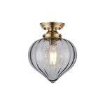 Mia 23cm Flush Fitting With Flower Bud Shade 1 x E27, Antique Brass/Smoke